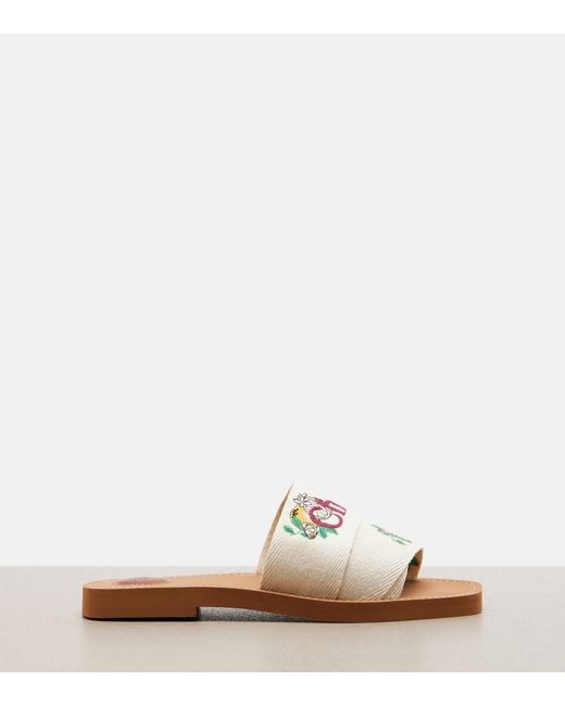 Chloé White Woody Embroidered Linen Slides