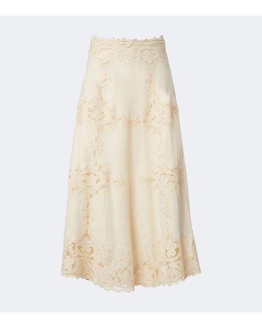 Ulla Johnson Natural Fleur Crochet-Trimmed Linen Midi Skirt