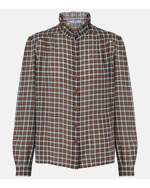 Prada Blue Checked Silk-Blend Georgette Shirt