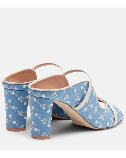 Malone Souliers Blue Norah 70 Leather-Trimmed Denim Mules