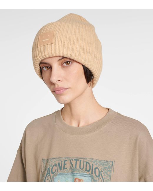 Acne Natural Large Face Ribbed-knit Wool Beanie