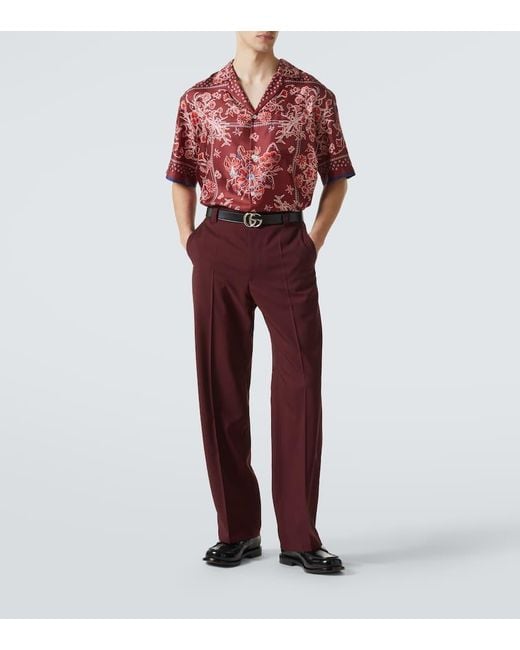Gucci Red Printed Silk Twill Bowling Shirt for men