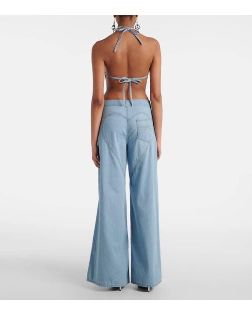 Area Blue Embellished Floral-Applique Wide-Leg Jeans