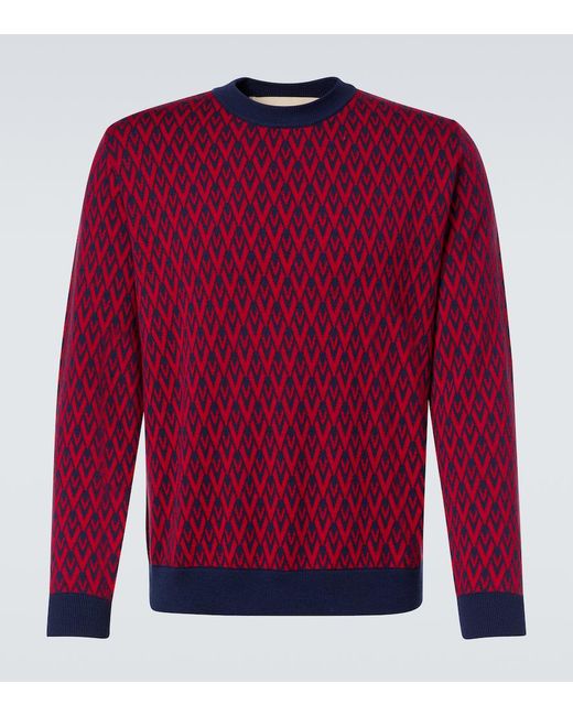 Valentino Red Toute La V Virgin Wool Jacquard Sweater for men
