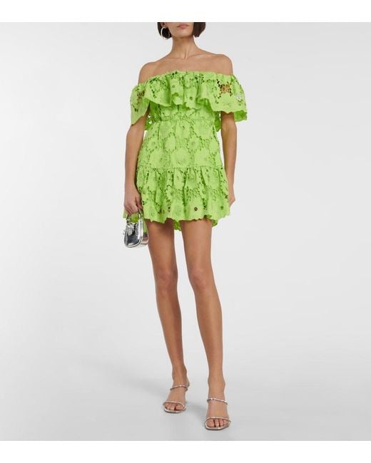 Self-Portrait Green Off-Shoulder Cotton Lace Minidress