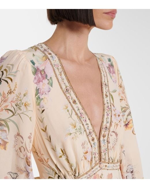 Camilla Natural Embellished Floral Silk Minidress