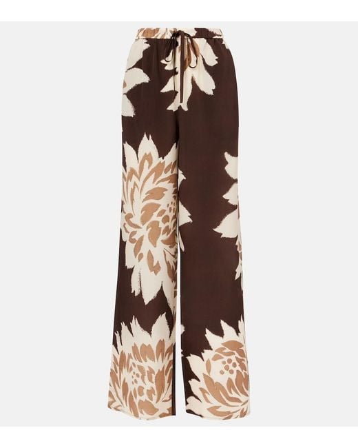 Sir Brown Floral Silk Satin Wide-Leg Pants