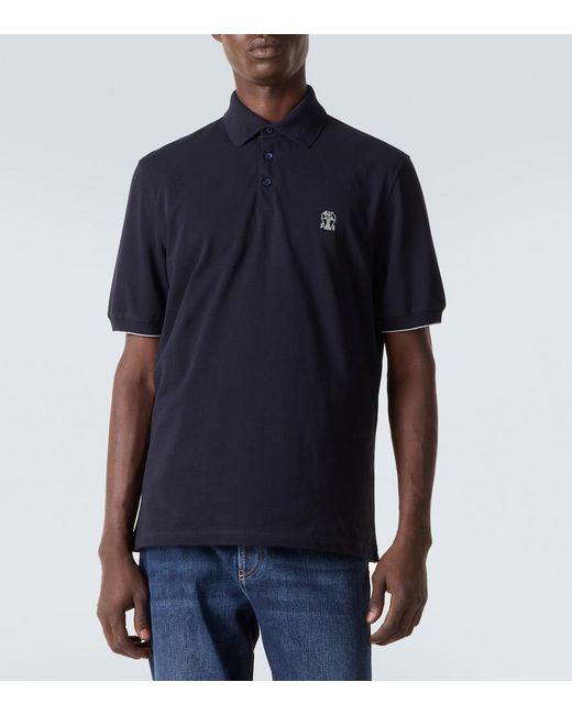 Brunello Cucinelli Blue Embroidered Cotton Pique Polo Shirt for men