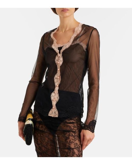 Valentino Gray Lace-Trimmed Sheer Mesh Cardigan