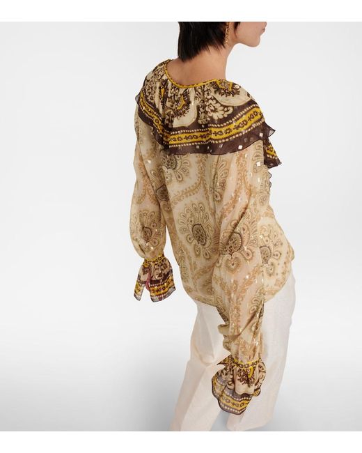 Etro Natural Ruffled Paisley Silk-Blend Blouse