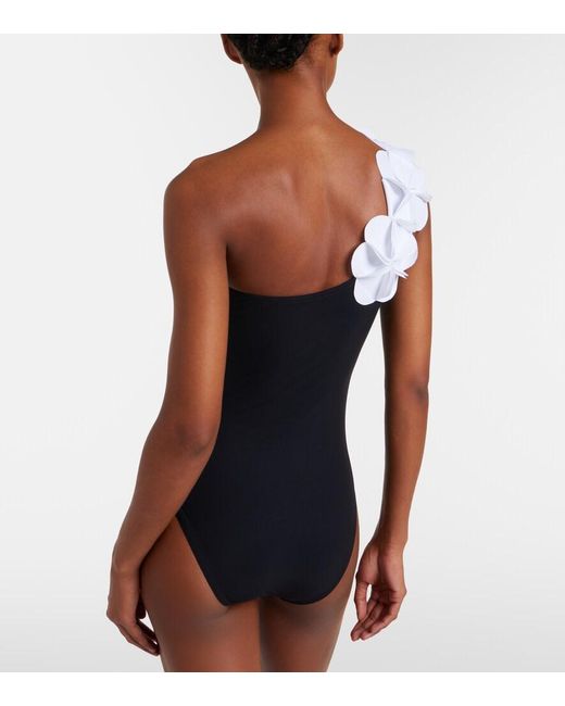 Karla Colletto Black Tess One-Shoulder Floral-Applique Swimsuit