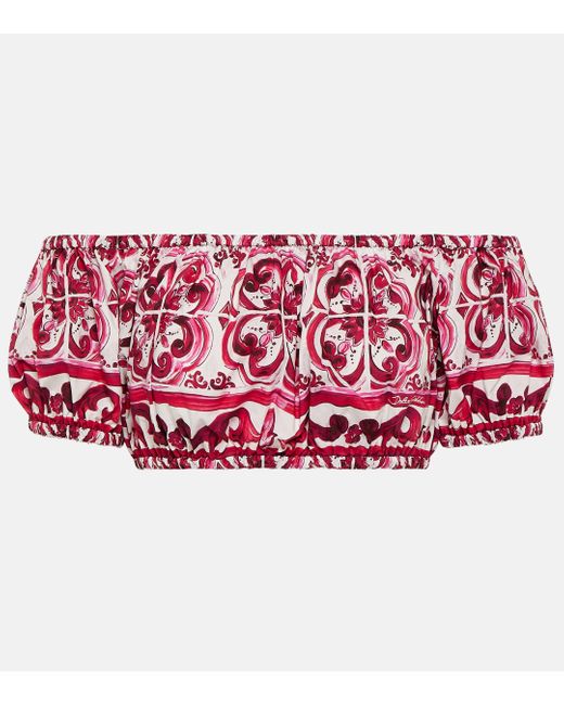 Dolce & Gabbana Pink Majolica-Print Poplin Crop Top