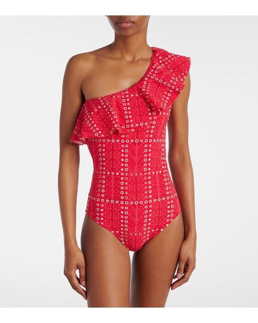 Isabel Marant Red Sicilya Ruffled Printed Swimsuit