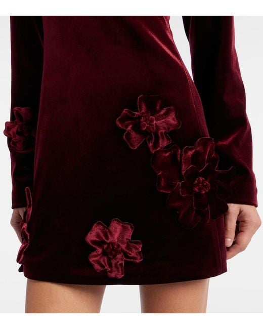 LEO LIN Red Aliza Floral-Applique Velvet Minidress