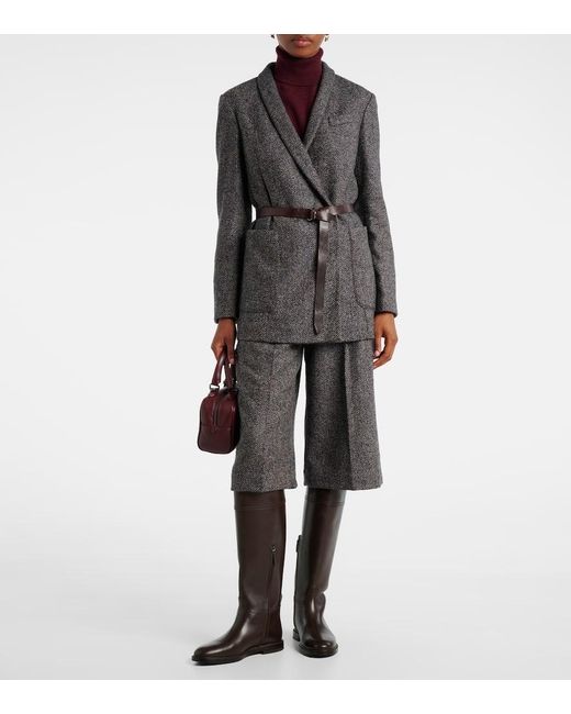 Brunello Cucinelli Gray Herringbone Monili Wool-Blend Tweed Blazer