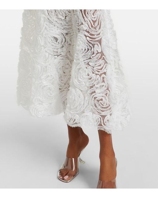 Self-Portrait White Embellished Lace-Trimmed Tulle Midi Dress