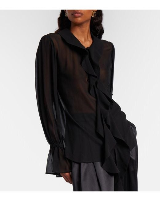 Nina Ricci Black Ruffled Sheer Silk Blouse