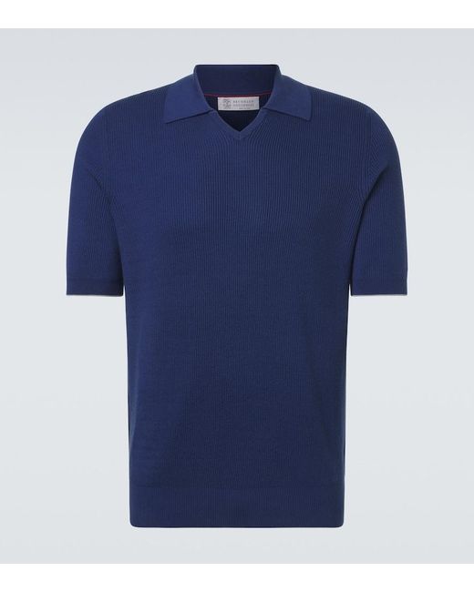 Brunello Cucinelli Blue Ribbed-Knit Cotton Polo Shirt for men