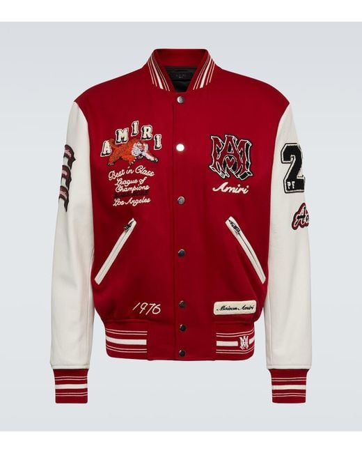 Amiri Collegejacke aus Twill aus einer Wollmischung und Leder mit Applikationen und Stickereien in Red für Herren