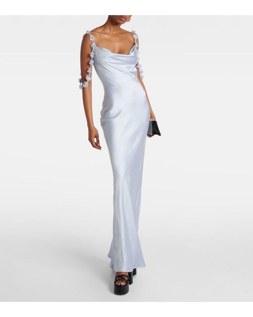 self portrait blue satin flower maxi dress self-portrait - Blue Georgette Flower Maxi Dress