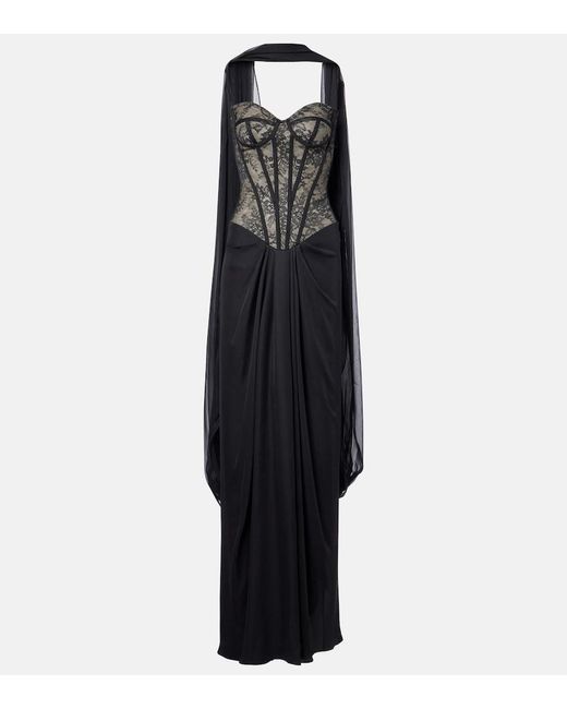 Monique Lhuillier Black Scarf-Detail Draped Lace Gown