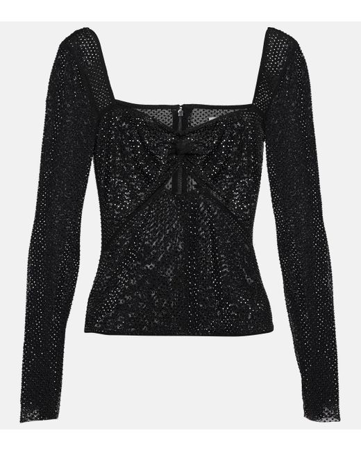 Self-Portrait Black Crystal-embellished Mesh Top