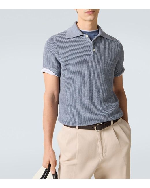Brunello Cucinelli Blue Linen And Cotton Polo Shirt for men