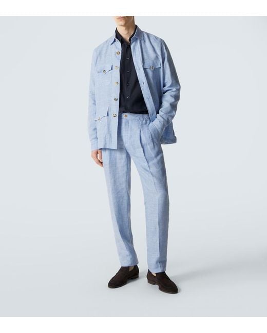 Rubinacci Blue Linen Slim Pants for men