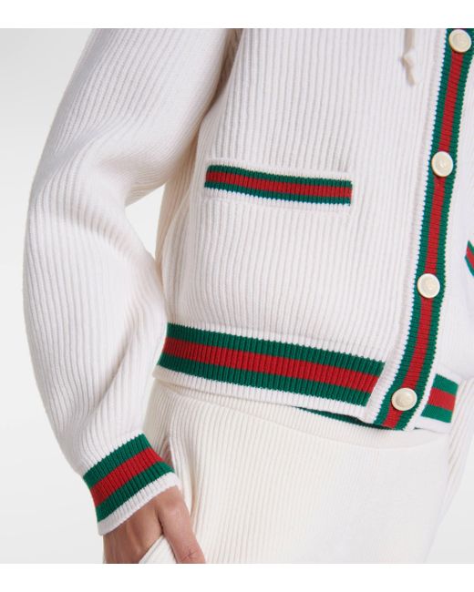 Cardigan Web Stripe en laine cotelee Gucci en coloris White