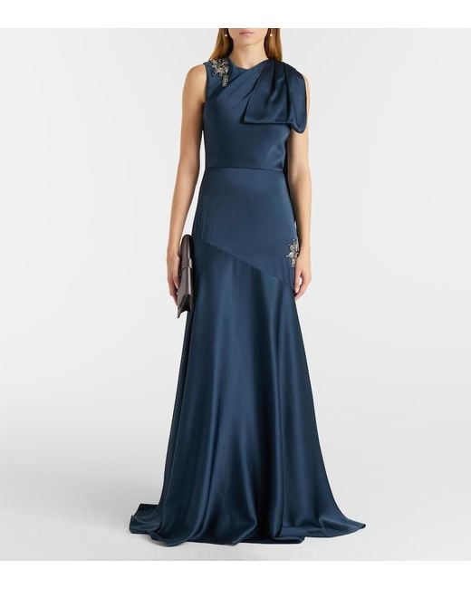 Erdem Blue Embellished Scarf-Detail Satin Cady Gown