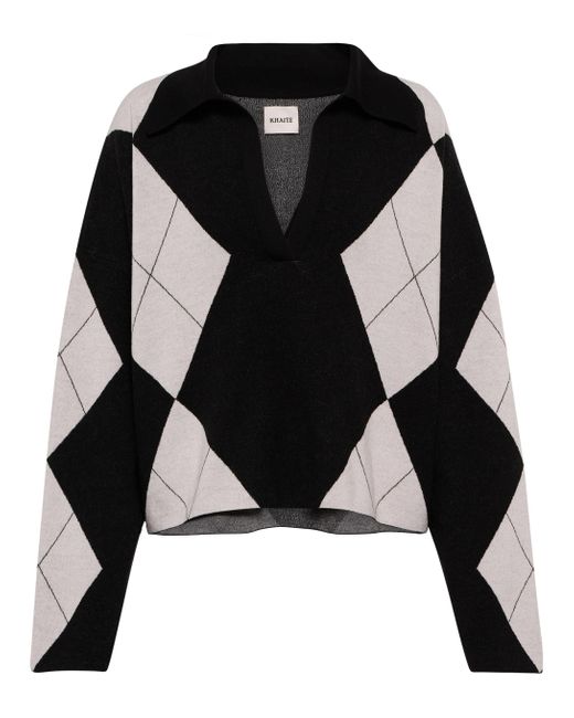 Khaite Noelle Argyle Wool Polo Sweater in Black - Lyst