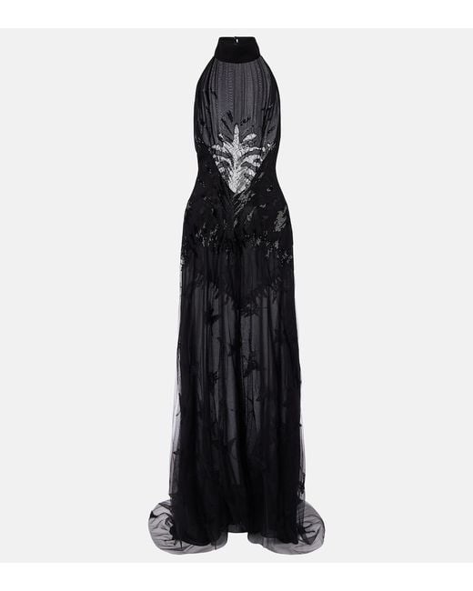 Blumarine Black Embellished Georgette And Lace Maxi Dress