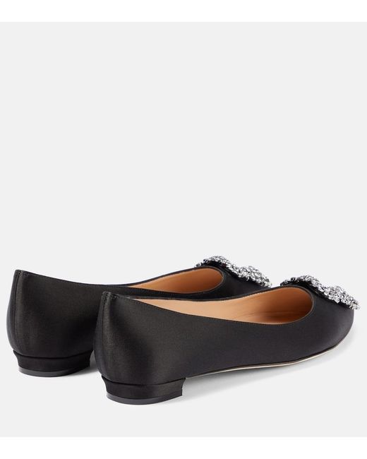 Manolo Blahnik Black Hangisi Crystal-embellished Leather Ballet Flats