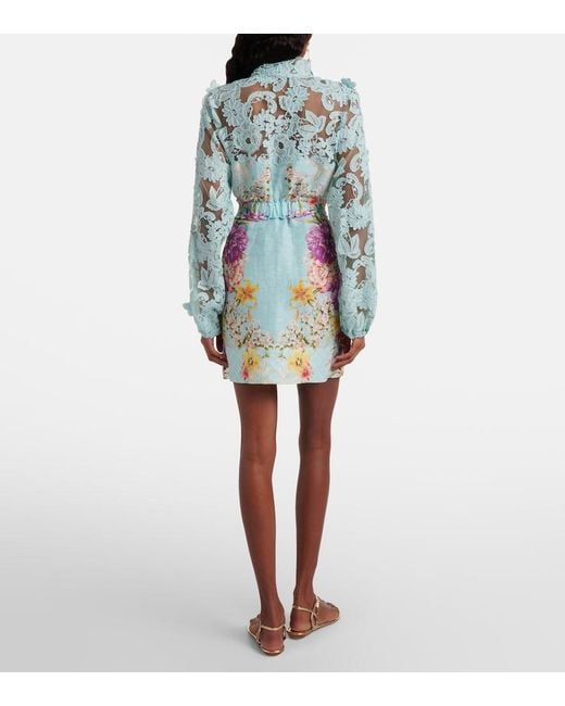 Camilla Blue Embellished Lace-Trimmed Linen And Silk Minidress