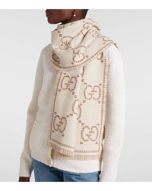 Gucci Natural Gg Wool Jacquard Scarf, Wool