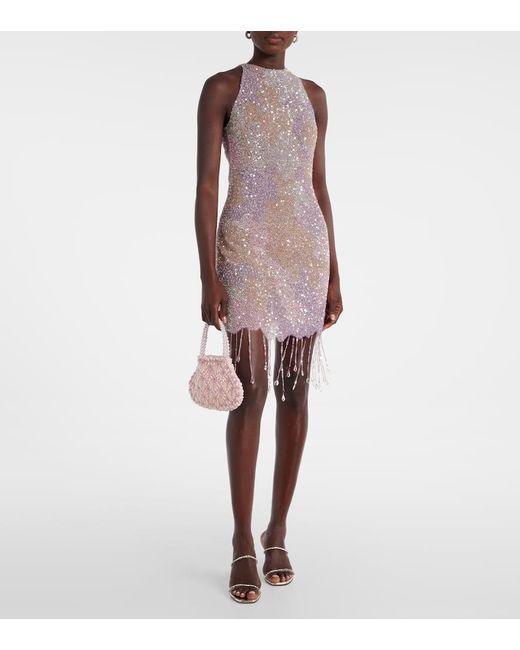 Clio Peppiatt Natural Fringed Sequined Minidress
