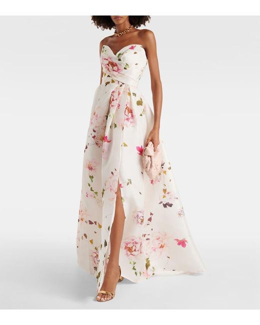 Monique Lhuillier Natural Floral Strapless Silk Gown