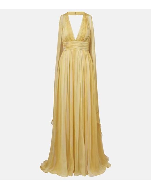 Elie Saab Yellow Printed Semi-Sheer Silk Gown