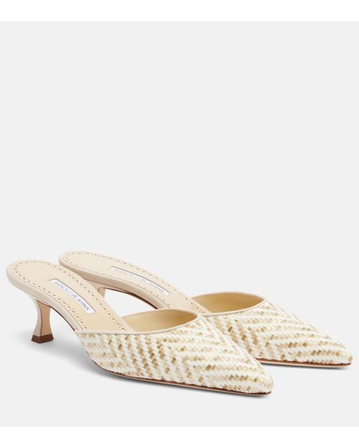 Manolo Blahnik Natural Carolyne Leather-Trimmed Woven Mules