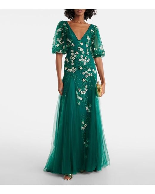 Costarellos Green Floral-Applique Tulle And Lurex Gown