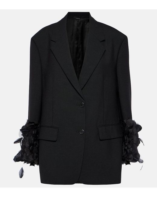 Prada Black Feather-Trimmed Wool Blazer