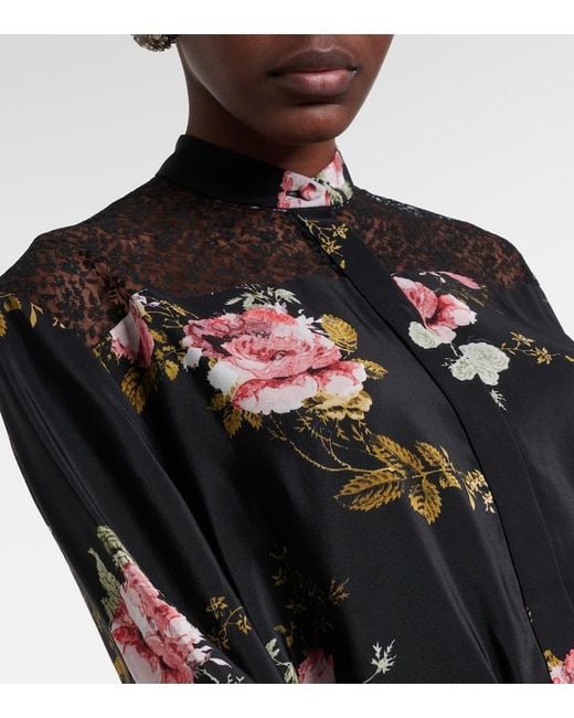 Erdem Black Floral Silk Crepe De Chine Minidress