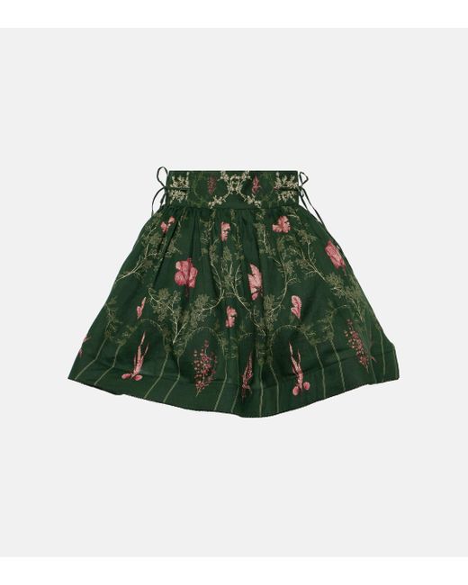 Agua Bendita Green Nori Encaje Printed Linen Miniskirt