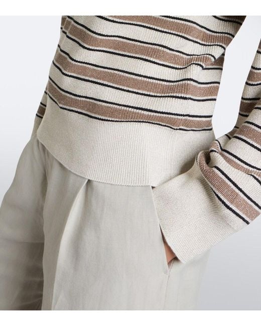Brunello Cucinelli Gray Striped Cotton-Blend Polo Sweater