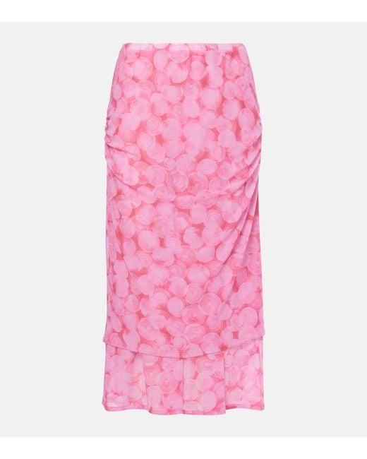 Dries Van Noten Pink Printed Gathered Jersey Midi Skirt