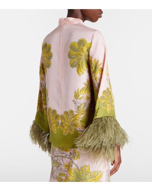LaDoubleJ Yellow Make An Exit Feather-Trimmed Silk Twill Top