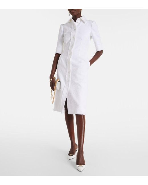 Dolce & Gabbana White Cotton-Blend Tweed Shirt Midi Dress