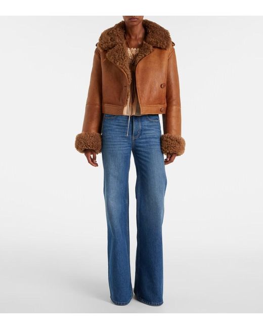 Chloé Brown Cropped Shearling-Trimmed Leather Jacket
