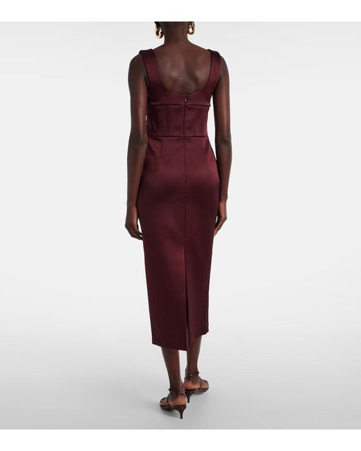 Rebecca Vallance Purple Merlot Ruched Satin Midi Dress