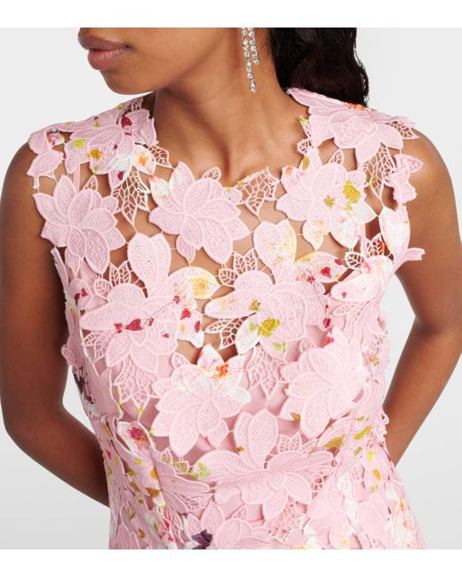 Monique Lhuillier Pink Floral Lace Midi Dress
